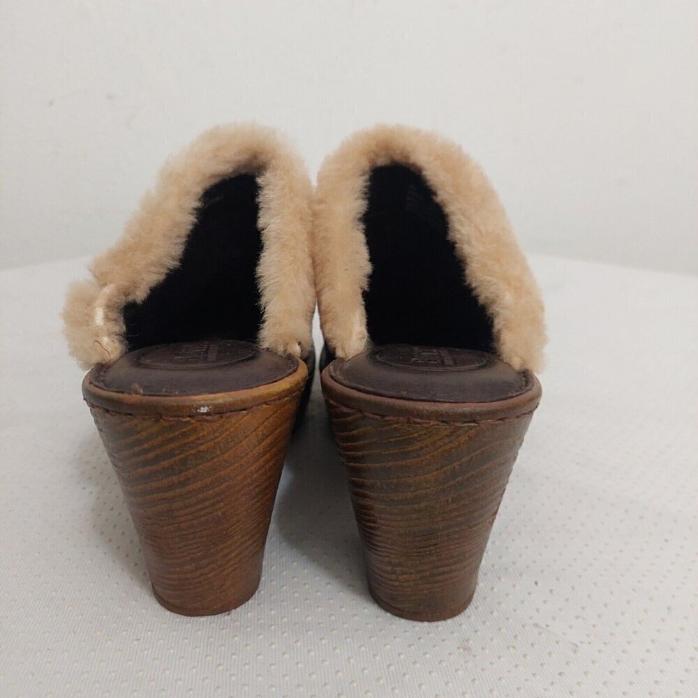 Born Y2K 90’s Brown Leather Shearling‎ Trim Mules Heels Chunky Platform Size 7M - Picture 6 of 10